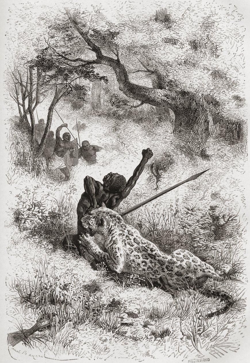 Bir Afrikalıya saldıran leopar, Henri Theophile Hildibrand (1824-97) tarafından kazınmış, 1878