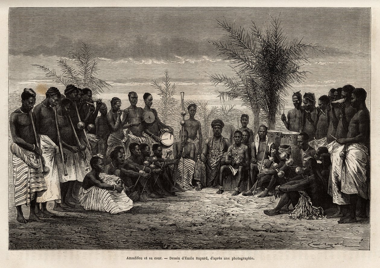 Assinie kralı Amadifou (Comptoir francais de Fildişi Sahili) sarayını ve müzisyenlerini çevreliyor, 1868 dolaylarında, Emile Bayard