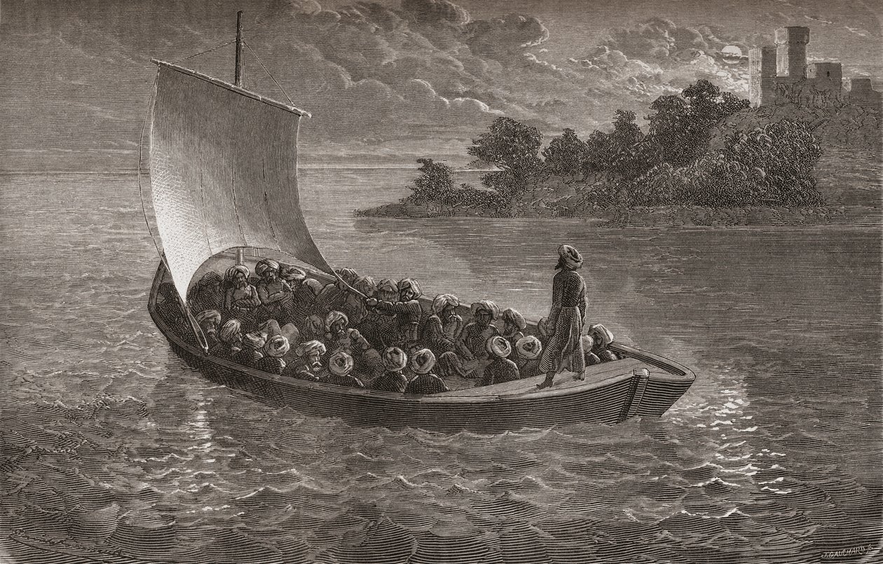Arminio Vambery and his companions navigating the Caspian Sea in 1863, illustration from 