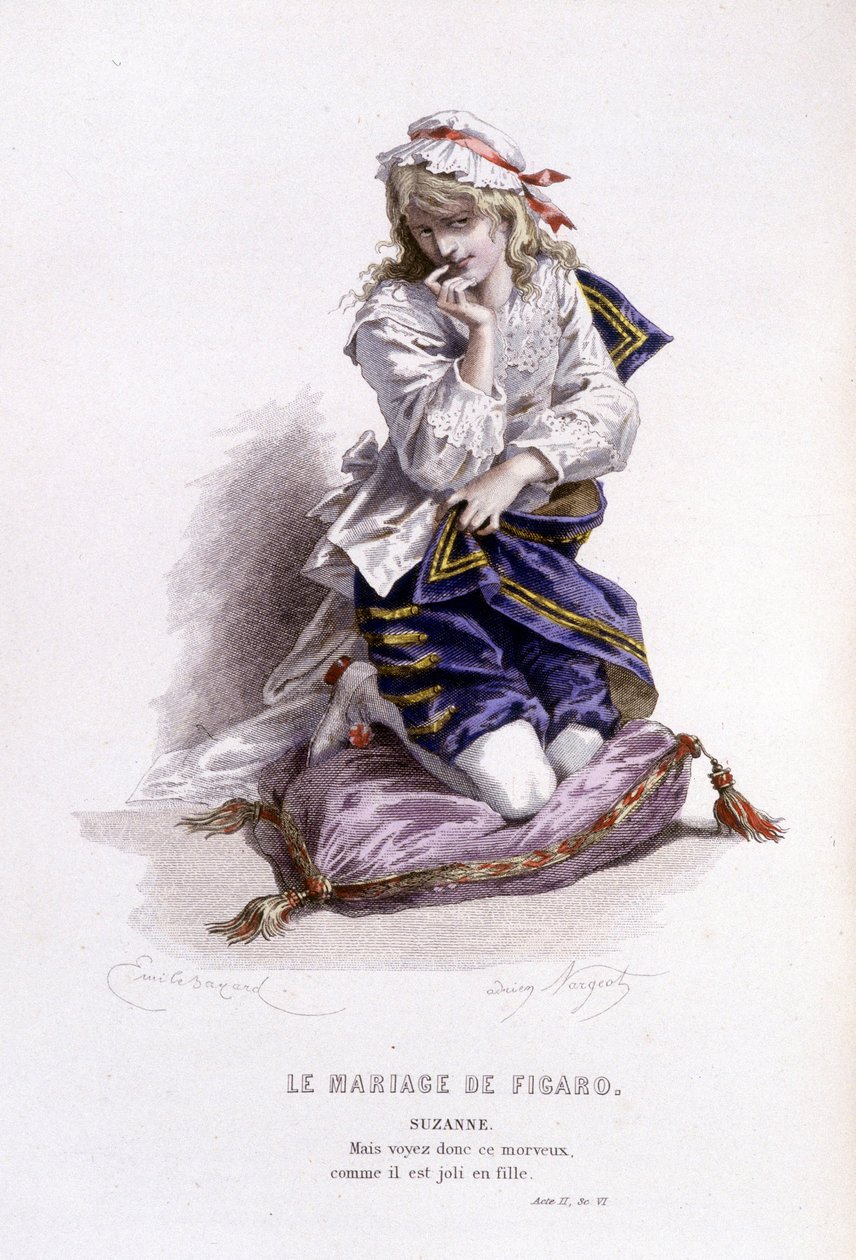 Beaumarchais'in (1732-1799) Edouard Fournier'in tam çalışması. Emile Bayard'ın çizimi. Ed. Laplace, Sanchez et Cie, Paris 1876. Bu, “Figaro'nun Düğünü”ndeki Suzanne. by Emile Antoine Bayard