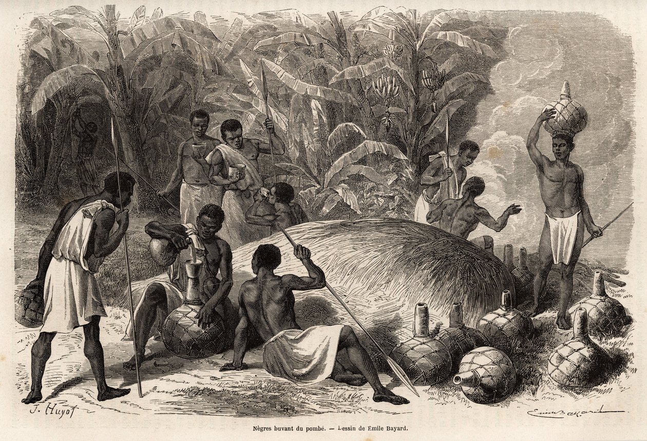 Karague'de (bugünkü Zimbabwe'de Victoria Gölü'nün batısında) pombe'nin tadımı (fermantasyon yoluyla alkollü içecek), Emile Bayard (1837-1891) tarafından çizim, Kaptan Speke'nin 1860'tan 1863'e kadar Afrika'daki keşif yolculu by Emile Antoine Bayard