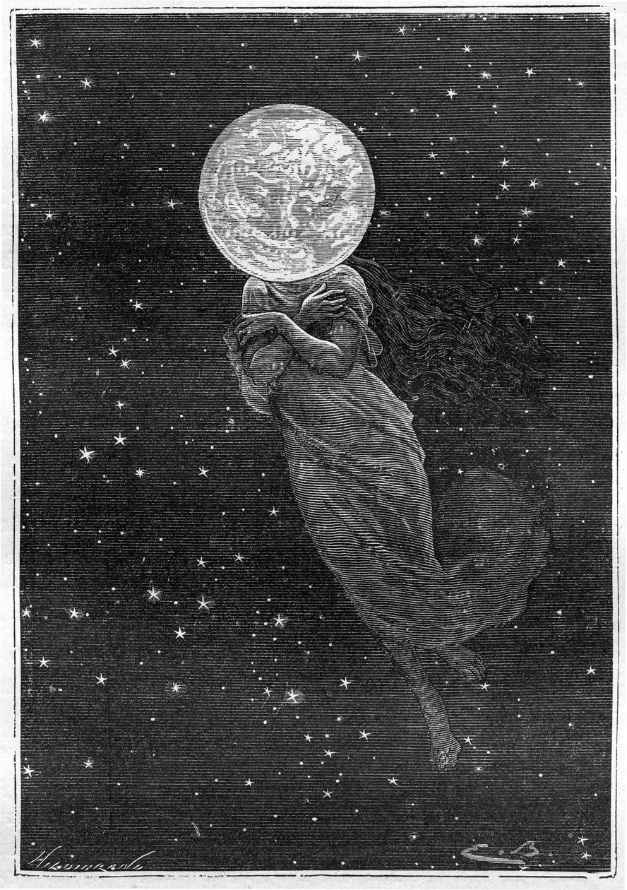 Jules Verne'in “Ay Çevresi”” kitabının gravürü (Emile Bayard tarafından) (Hetzel baskısı/Seyahatler olağanüstü 1870): genç bir kadının vücuduyla çizilmiş ayın tanımı (J. Verne tarafından yazılan metin): “”... doldurulmuş yüzey, çatlak, gerçek bir skimm by Emile Antoine Bayard