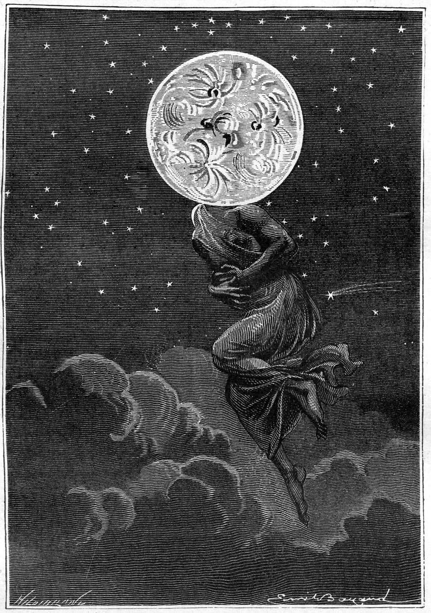 Jules Verne'in Around the Moon (Hetzel baskısı/Seyahatler olağanüstü 1870) kitabının gravürü (Emile Bayard tarafından): “” genç bir kadının vücuduyla kişileştirilmiş ay... kolikten muzdarip! “” by Emile Antoine Bayard