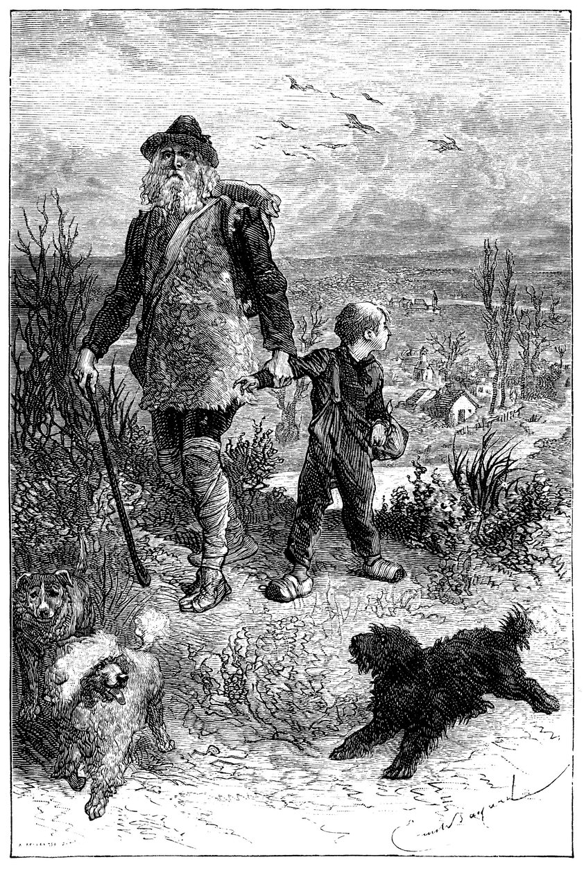 Hector Malot'un "" Ailesiz "" adlı romanı için Emile Bayard'ın illüstrasyonu: Remi, gezgin sanatçı Mösyö Vitalis ve eğitimli hayvanları olan üç köpek Capi, Zerbino ve Dolce - Edition Hetzel 1880 - ile birlikte ayrılıyor. by Emile Antoine Bayard