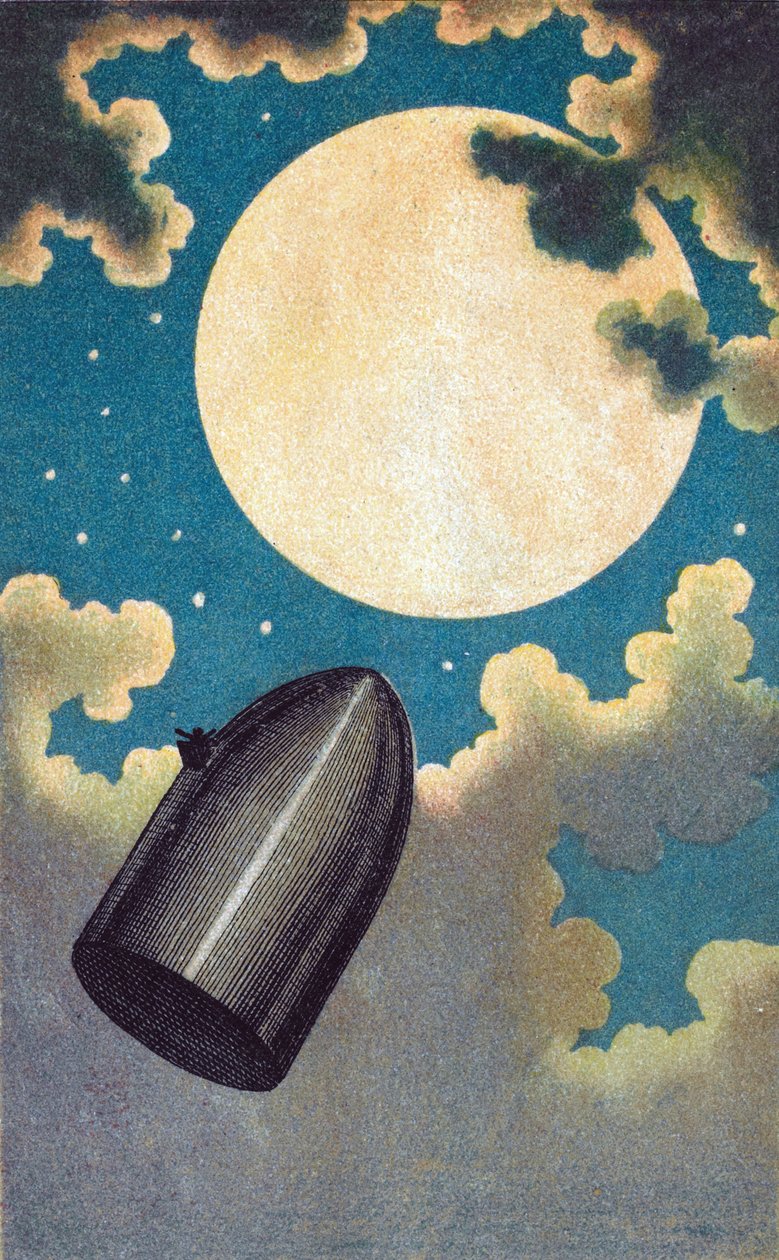 Resimde De la Terre a la Lune de Jules Verne - Jules Verne - Emile-Antoine Bayard (1837-1891) tarafından ""Dünyadan Aya"" çizimi. renkli litografi by Emile Antoine Bayard