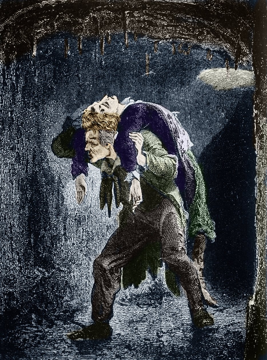 Jean Valjean, Marius sırtından yaralanmış, Paris'in sularına kaçarken Paris) Gravür Pr by Emile Antoine Bayard