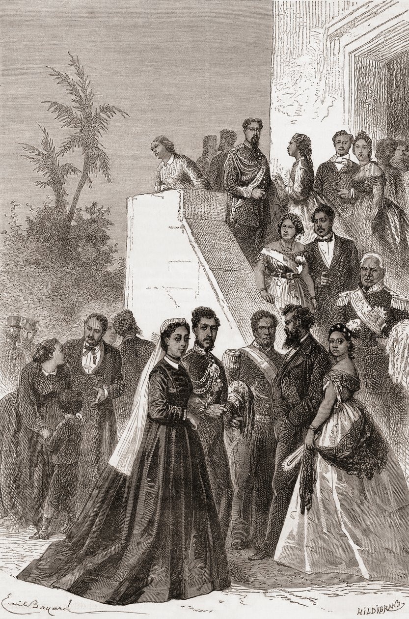 Kamehameha V, merkez, ailesiyle birlikte, Henri Theophile Hildibrand (1824-97) tarafından oyulmuş 