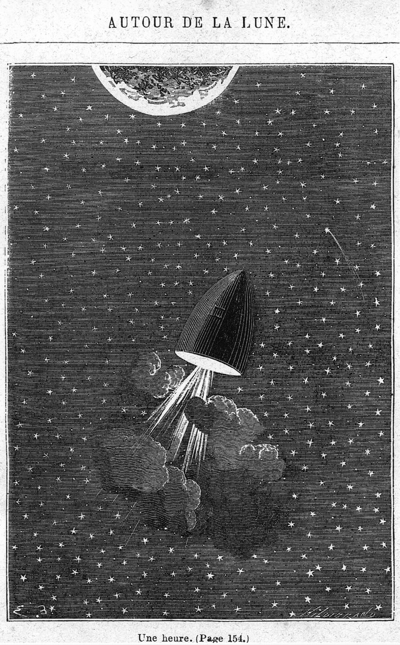 Ay'a Gitmek, Jules Verne (1828-1905) tarafından 'Ayın Çevresi'nden bir illüstrasyon, Paris, Hetzel, Henri Theophile Hildibrand tarafından oyulmuş (1824-97) by Emile Antoine Bayard
