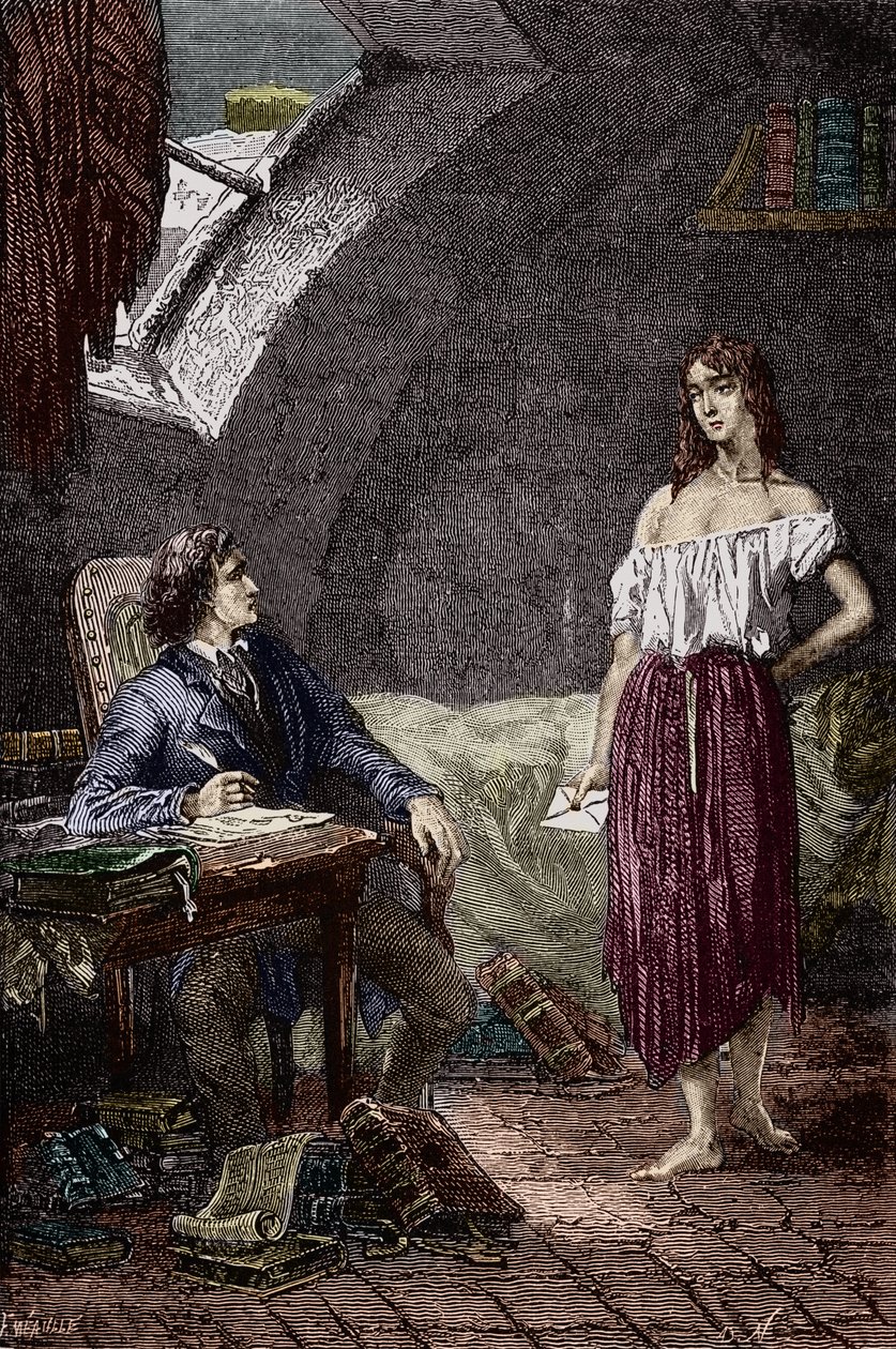 Marius ve Eponine, Thenardier'lerin büyük kızı ve Marius'a aşık Victor Hugo'nun “Sefiller” romanının çizimi (1802-1885) Emile Bayard'ın çizimi - (Eponine Thenardier (Jondrette kızı) ve Marius) Gravür Özel koleksiyon by Emile Antoine Bayard