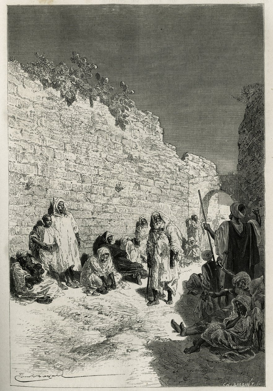 Fes (Fez) sokaklarında erkek, kadın, şehirli, taşralı, burjuva ve dilencilerden oluşan bir grup padişahın huzuruna çıkan padişah, bir iyilik veya adalet isteyen herkese haftada üç kez duruşma verir. Emile Bayard tarafından kazınmış by Emile Antoine Bayard