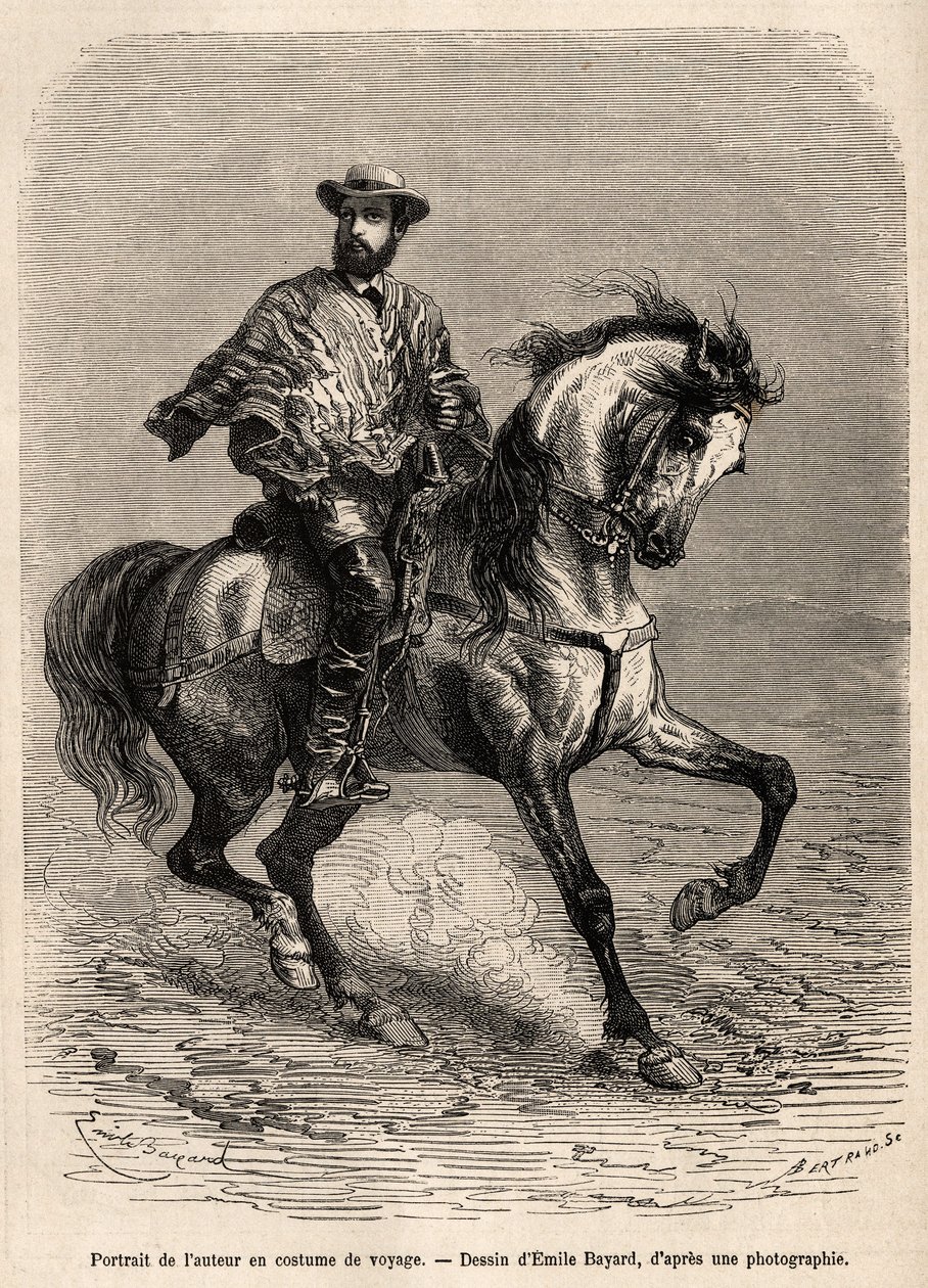 Yazarın bineği üzerinde, seyahat kostümü giymiş portresi, Emile Bayard