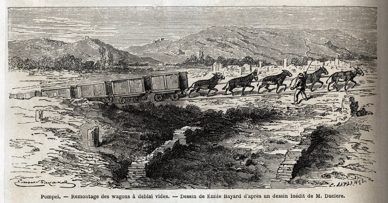 1864 Pompei kazılarında boş vagonların yeniden montajı, Emile Bayard (1837-1891) tarafından Marc Monnier