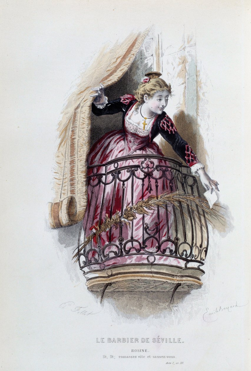 Rosine in “The Barber of Seville” by Pierre Augustin Caron de Beaumarchais (1732-1799), drawings by Emile Bayard (1837-1891) by Emile Antoine Bayard