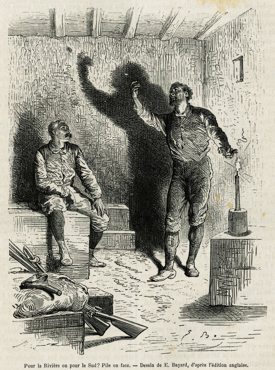 Sir Henri Morton Stanley (1841-1904) ve keşif arkadaşı Franck Pock, “Gizemli Kıtada” (Ekvator Afrikası) hikayesini göstermek için Emile Bayard tarafından çizilen yolculuklarının güzergahının bir yığınını veya yüzünü belirlediler. bir yolculuk c by Emile Antoine Bayard
