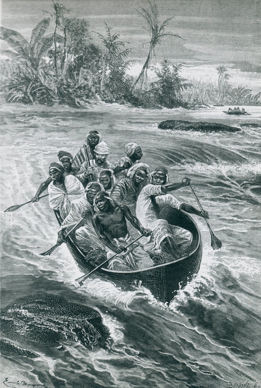 Stanley, Emile Bayard tarafından çizilen, Kongo Nehri üzerindeki akıntıların üstesinden geliyor by Emile Antoine Bayard