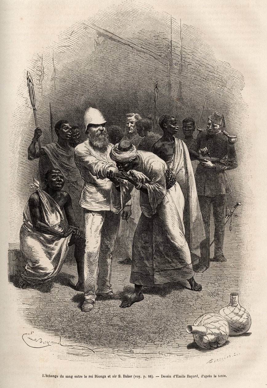 Kral Rioonga ve Sir Baker arasında kan alışverişi, bol miktarda muz şarabı içtikten ve bir geceyi izleyerek ve genç yaşta geçirdikten sonra, tören gerçekleşir, her biri sırayla ön kollarını keser ve bir damla kan içer, ardından Rioonga Vakil P by Emile Antoine Bayard
