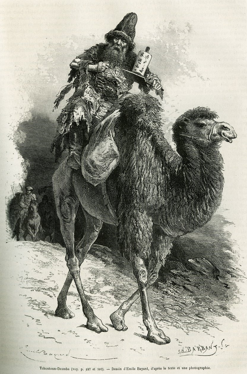 Keşif gezisinin rehberi ve tercümanı olan 58 yaşındaki Chutun Dzamba, devesinin üzerine çömeldi, sürekli olarak dualar mırıldandı, Emile Bayard tarafından 1870'ten 1873'e kadar Moğolistan'a ve Tangutes ülkesine yapılan yolculuğu tasvir etmek iç by Emile Antoine Bayard