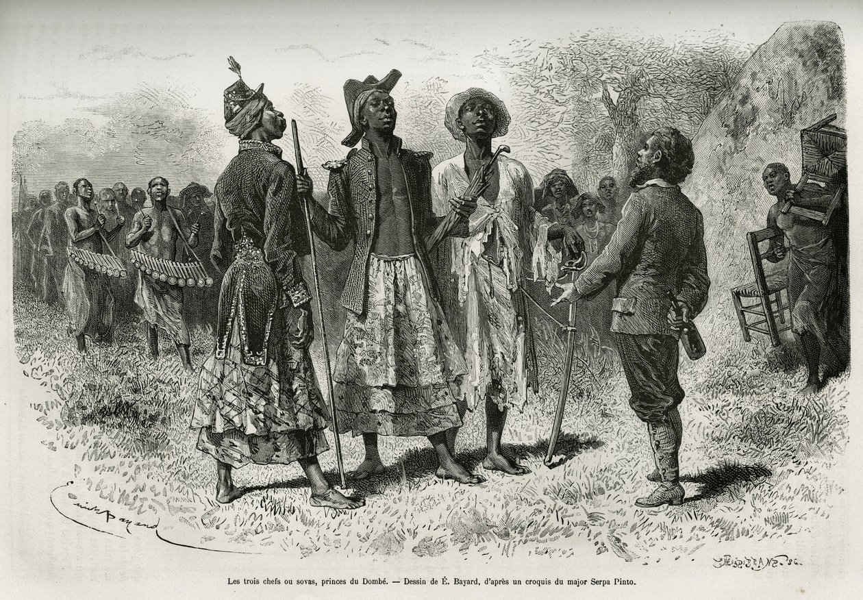Üç şef (veya sova), Dombe (Angola) prensleri ve müzisyenler ve saraylılardan oluşan süit, kaşif S.Pinto ile buluşmaya geliyor. Afrika'yı Atlantik Okyanusu'ndan Hint Okyanusu'na nasıl geçtiğimi anlatmak için Emile Bayard'ın gravürü by Emile Antoine Bayard