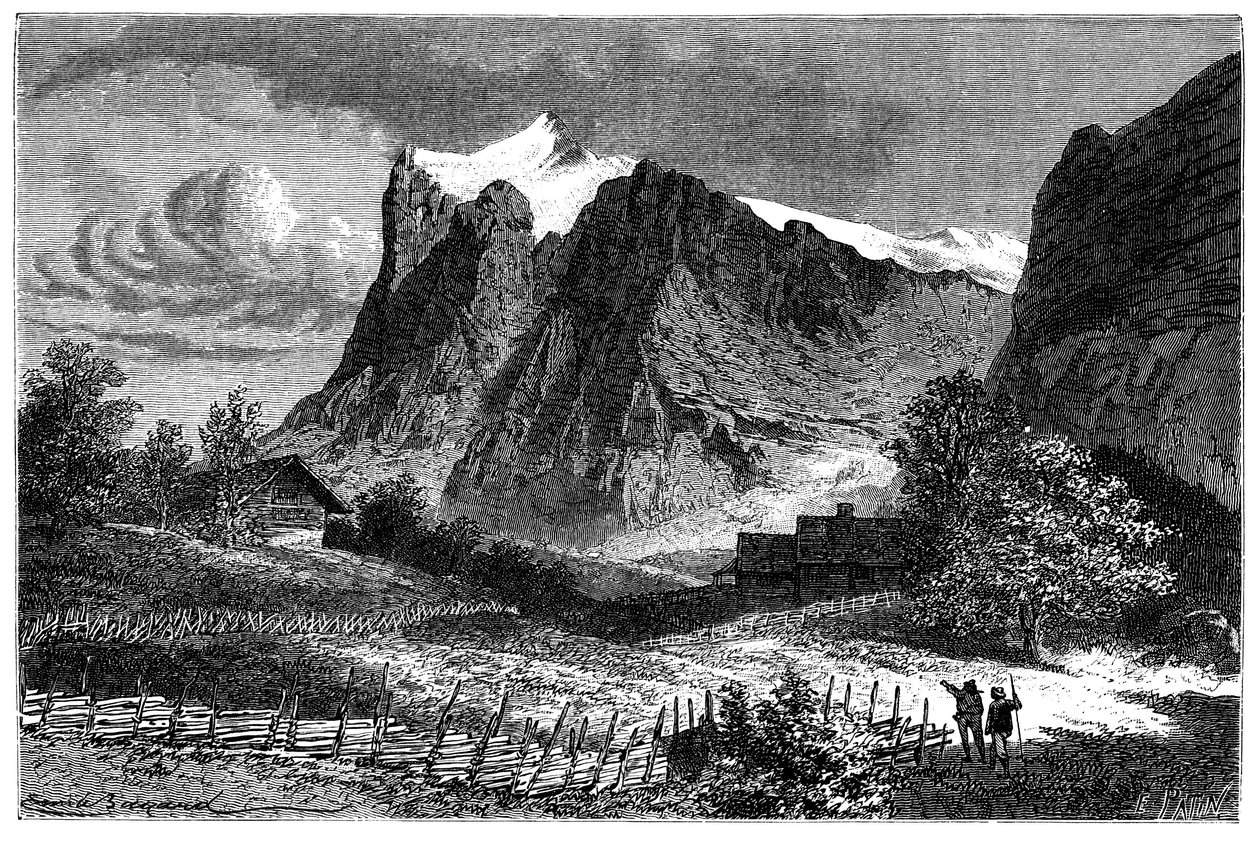 İsviçre Alpleri'nin görünümü. Emile Bayard'ın Les Montagnes d'Albert Dupaigne kitabı için yaptığı çizim, Mame 1881 baskısı. by Emile Antoine Bayard