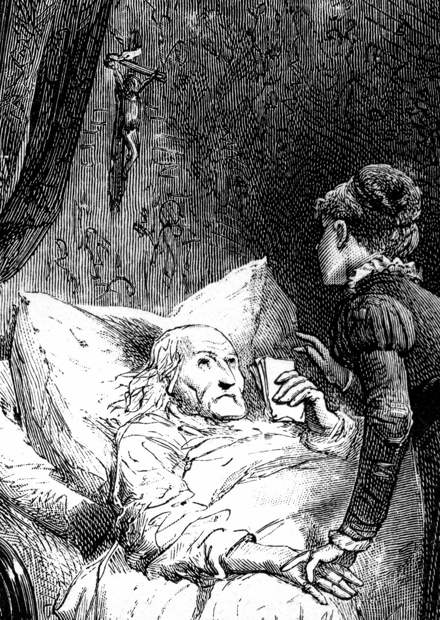 Genç bir kadın, duvarda asılı bir haç altında yatağında ölen yaşlı bir adama bakıyor. Ölen adam son tavsiyelerini (vasiyetini) eliyle tutar. Emile Bayard tarafından Jules Sandeau'nun “Matmazel de la Seiglie” kitabını gösteren gravürün detayı by Emile Antoine Bayard