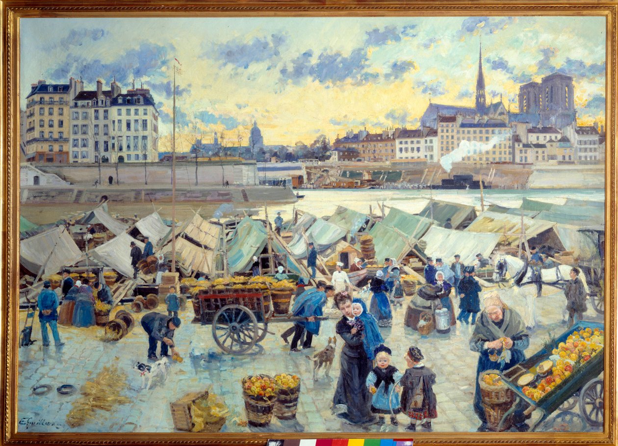 Hôtel de Ville, Paris rıhtımındaki elma pazarı. Emile Guillier