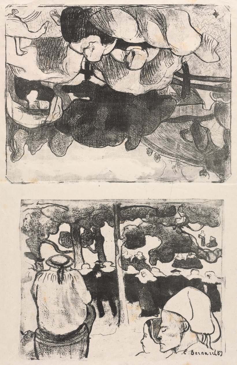 Les Bretonneries: Saman Yığınları Yapan Breton Kadınlar (Bretonnes Faisant les Foins) ve Brittany'de Düğün (La Noce en Bretange) by Emile Bernard
