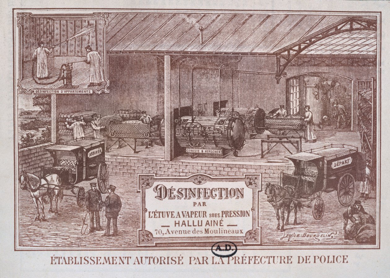 Hallu Aine tarafından üretilen Buharla Dezenfeksiyon için Makineler için afiş reklamı, on dokuzuncu yüzyıl sonu by Emile Bourdelin