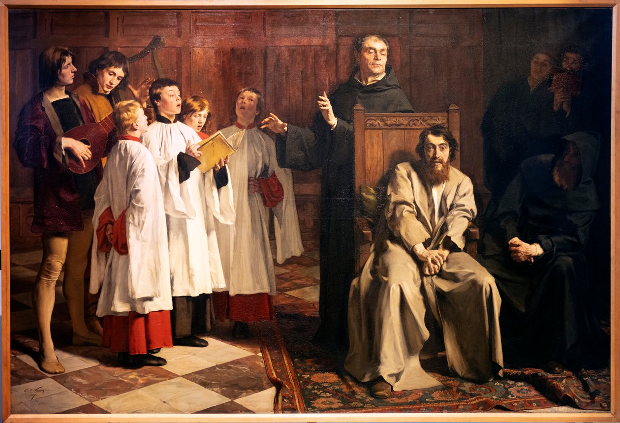 Emil Wauters. Hugo van der Red Cloister'a gidiyor. 1872. Tuval üzerine yağlı boya. (tuval üzerine yağlıboya) by Emile Charles Wauters