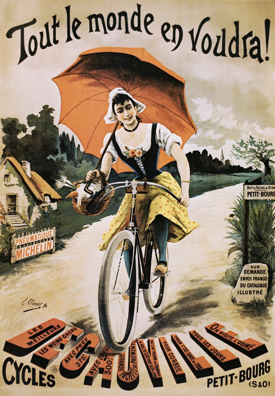 Kırmızı şemsiye tutan bisiklete binen kadının VINTAGE poster by Emile Clouet