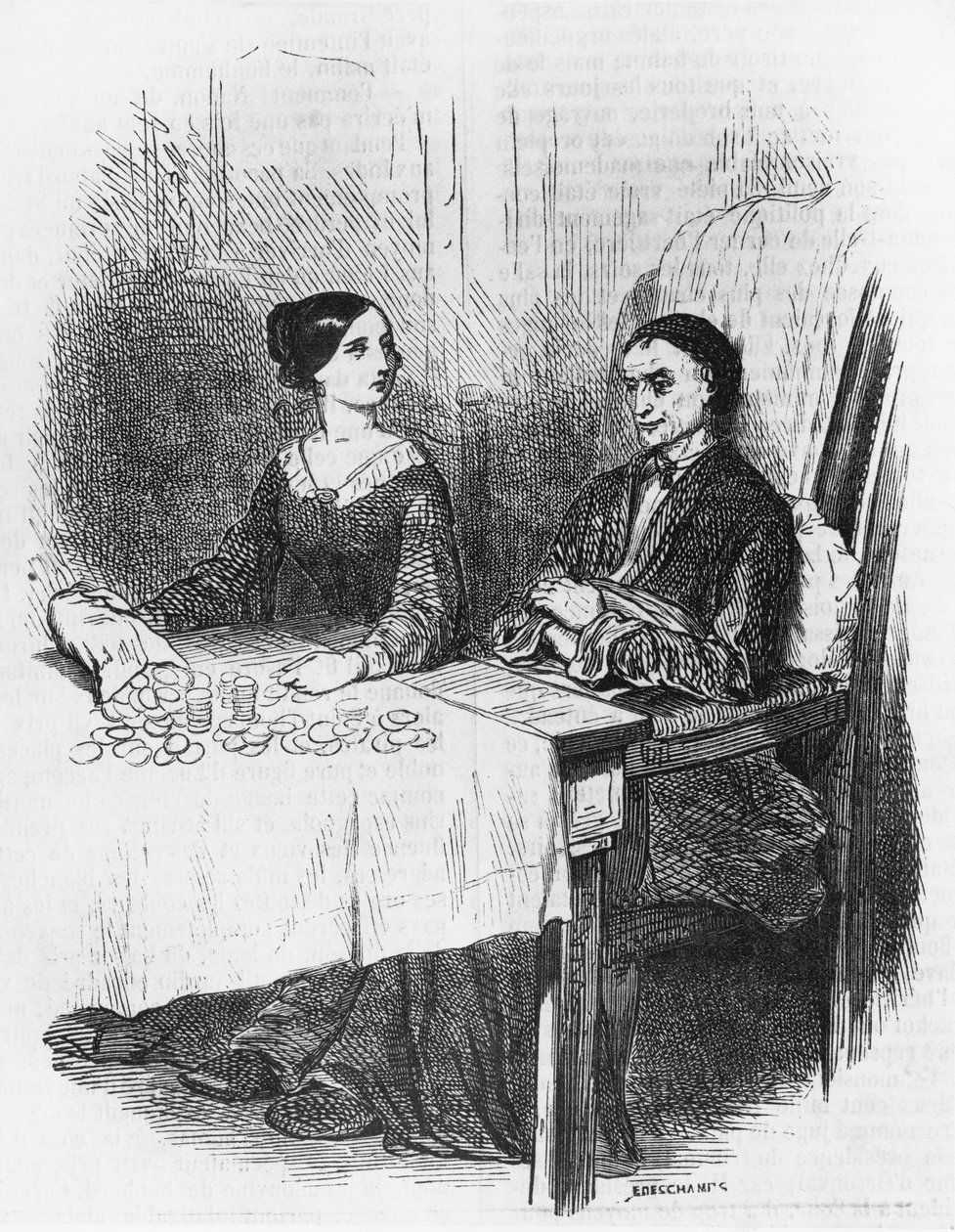 Eugenie Grandet için çizim, Honore de Balzac'ın (1799-1850) romanı, İnsan Komedisi adlı çok ciltli koleksiyondan, Emile Deschamps'ın gravürü (1822-1893) by Emile Deschamps