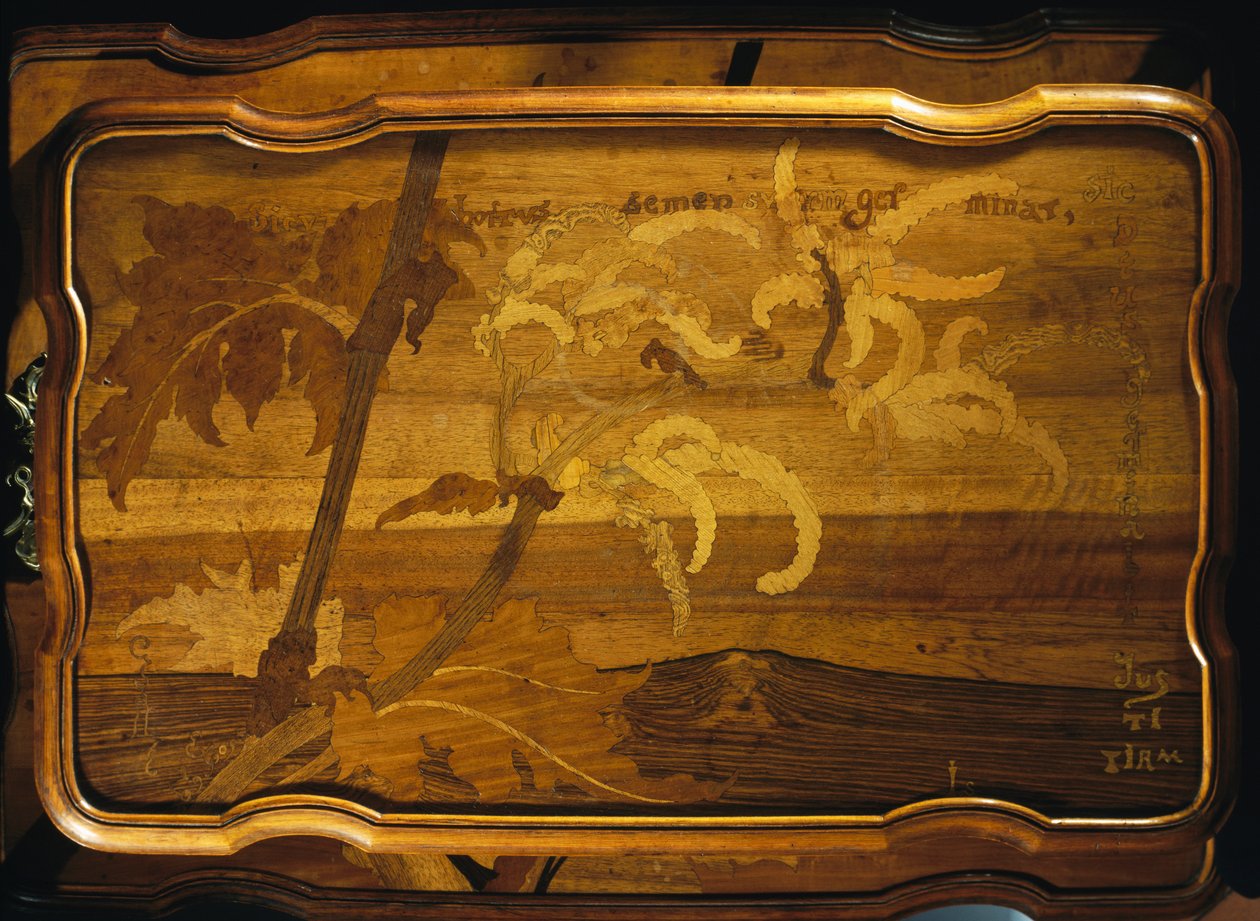 Deniz kenarındaki palmiye ağaçları, işlemeli ahşap masa üstü, Emile Galle (1846-1904), Art nouveau stili, Fransa, 20. yüzyıl by Emile Galle