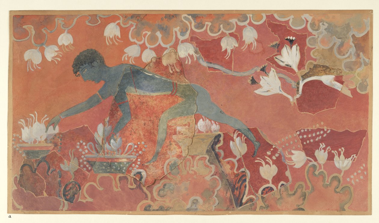 Knossos'taki Minos Sarayı'ndan Mavi Maymun Safran Toplayıcısı freskinin resmi (Evans Fresk Çizimi L/3 a)), 1921 civarı (kağıt, pigment) by Emile Gilliéron