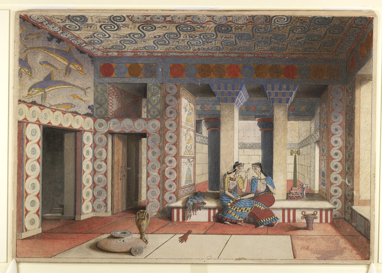 Knossos'taki Minos Sarayı'ndan yeniden tasarlanan Kraliçe'nin Megaron'unun tablosu by Emile Gilliéron