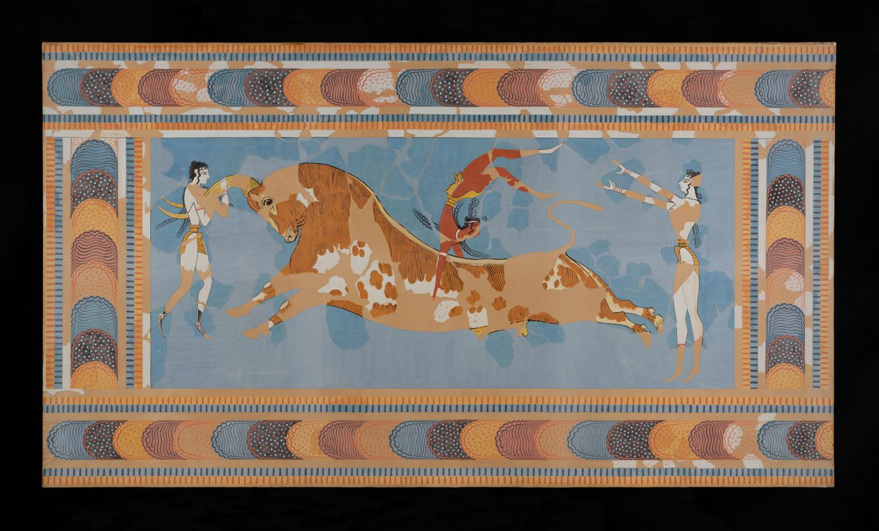 Knossos'taki Minos Sarayı'ndan restore edilmiş Taurador Fresk tablosu (Evans Fresk Çizimi N/4) by Emile Gilliéron