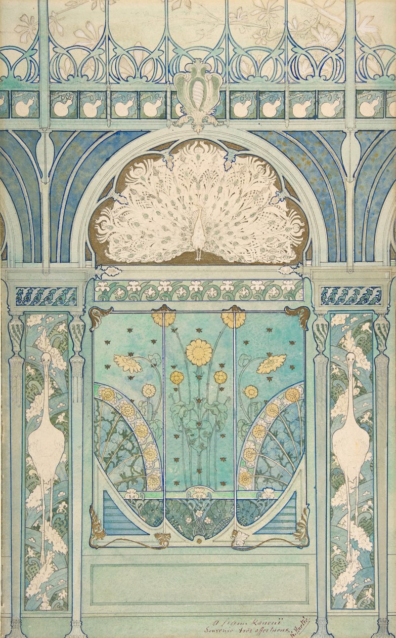 Restoran için Tavus Kuşu, Turna ve Ayçiçekleri ile Duvar Süsleme Tasarımı..., 1896-98 by Emile Hurtré