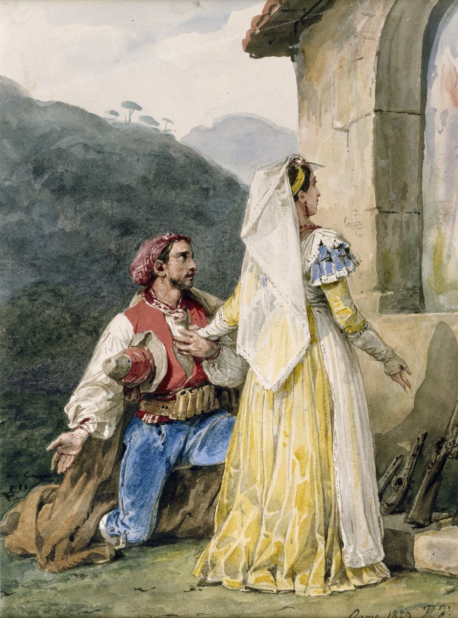 İtalyan köylüler bir türbenin önünde, 1829 (sakızla yükseltilmiş kağıt üzerinde wc) by Emile Jean Horace Vernet