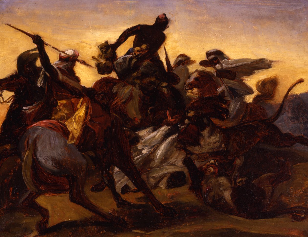 Aslan Avı için eskiz, c.1836 (tuval üzerine serilmiş kağıt üzerine yağlı boya) by Emile Jean Horace Vernet