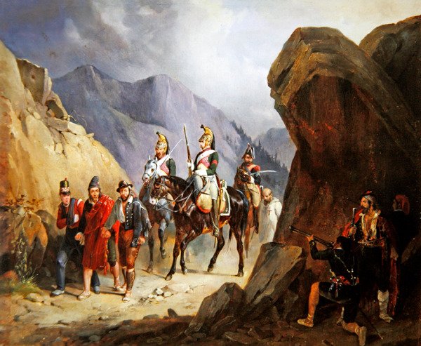 Pusu, yoldaşlarını serbest bırakmak isteyen haydutlar (kağıt üzerinde yağlı boya) by Emile Jean Horace Vernet