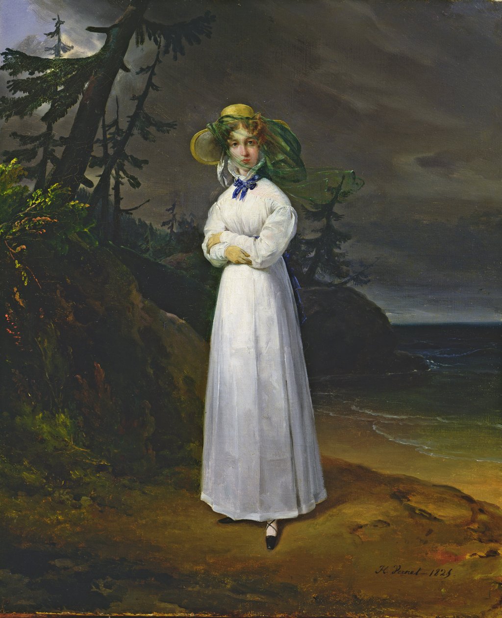 Romantik bir manzaradaki genç kız, 1825 by Emile Jean Horace Vernet