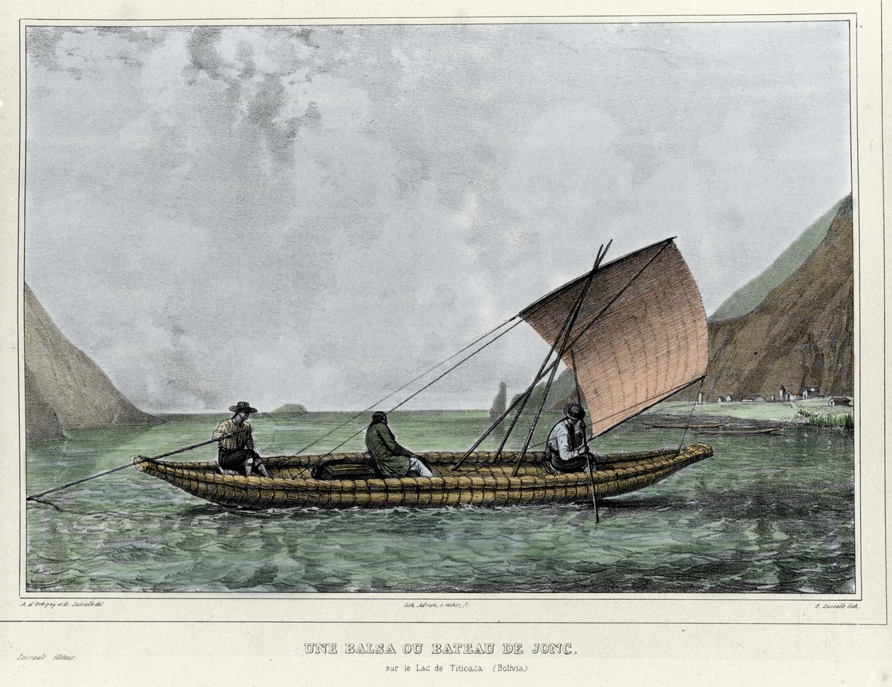 Titicaca Gölü'nde (Bolivya) bir Balsa veya döküntü teknesi. Emile Lassalle (1813-1871) tarafından litografi - Alcide D'Orbigny (1802-1857) tarafından “Güney Amerika'da Yolculuk”ta by Emile Lassalle