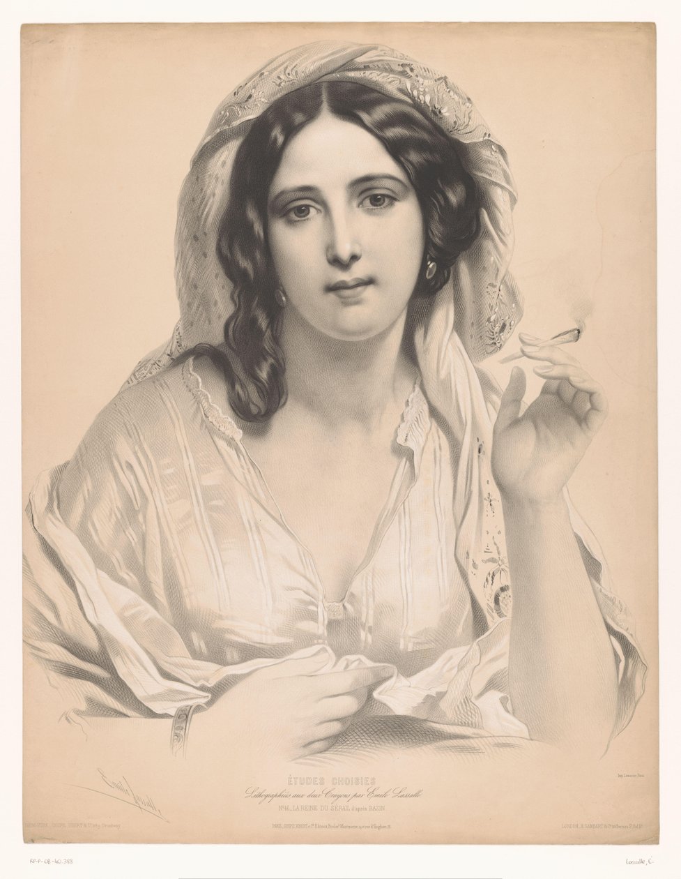 Elinde sigara olan peçeli genç kadın La reine du sérail (nesnedeki başlık) Seçilen sanatçıların çalışmaları (dizi adı) Etudes choisies (nesne üzerinde seri başlığı) by Emile Lassalle