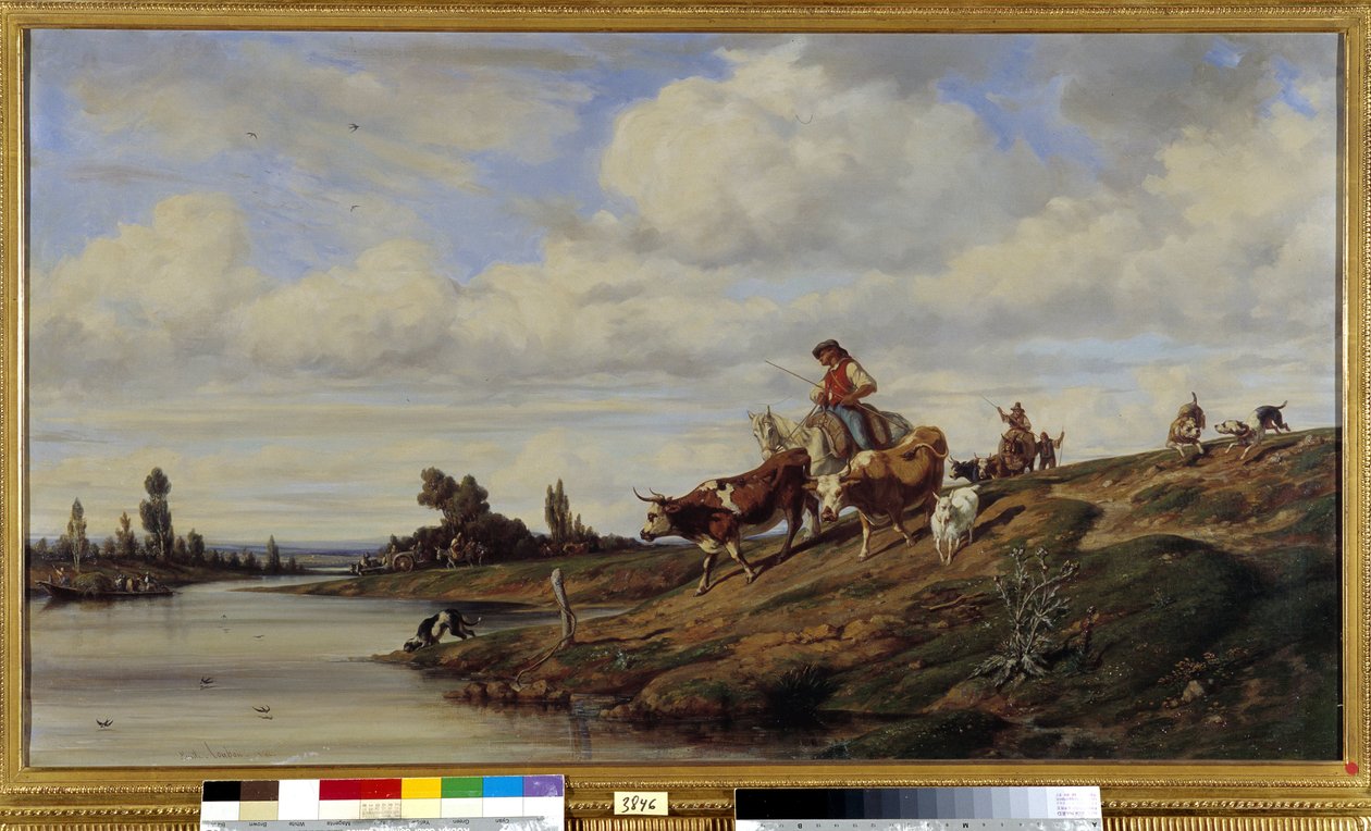 Gue A ineğinin sürüsüyle bir nehirden geçişi. Resim Emile Loubon (1809-1863) Zorunlu söz: Koleksiyon fondasyonu, de Provence, Marsilya by Emile Loubon
