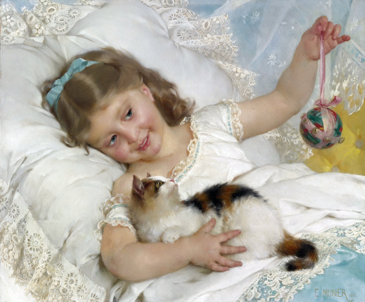 Çocuk ve kedi par Munier, Emile (1840-1895). Tuval üzerine yağlı boya, ebat : 54,6x65,4, , Özel Koleksiyon by Emile Munier