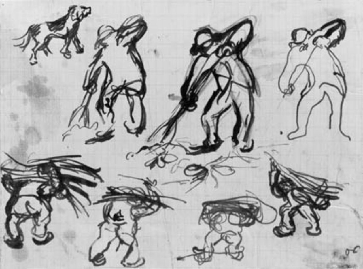 Kazıcı ve yakacak odun adamlarının yedi taslağının yanı sıra bir köpek taslağı. by Emile Othon Friesz