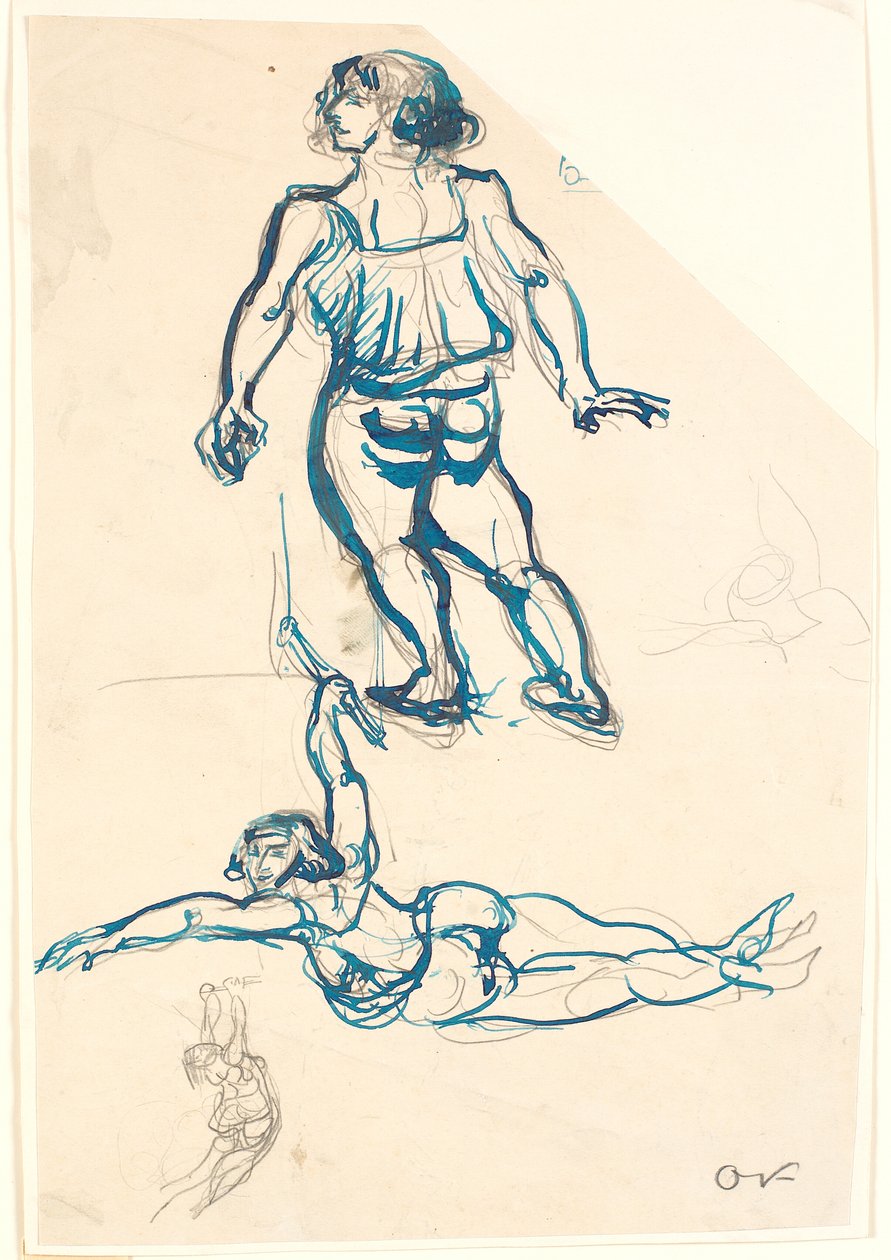 Trapez ve yürüyen bir dişi akrobatla ilgili üç çalışma. by Emile Othon Friesz