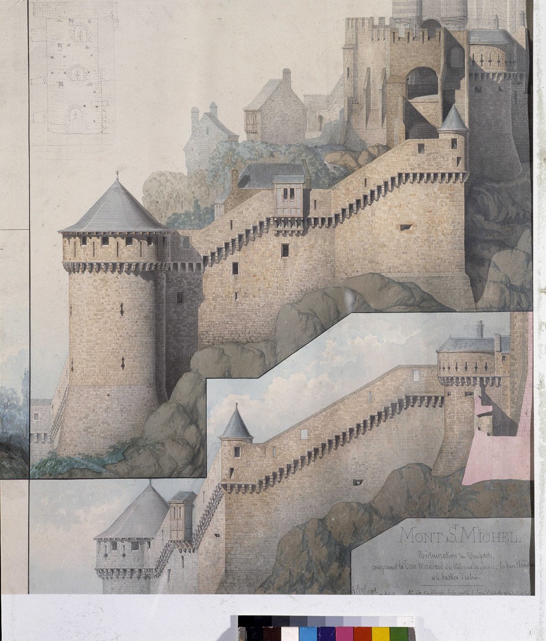 Kuzey Kulesi ve Mont Saint Michel Claudine Kulesi arasındaki machioulis manzarası. Emile Sagot