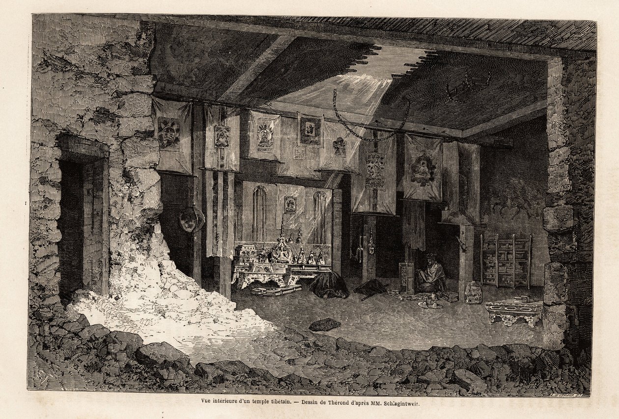 Vivien de Saint Martin tarafından 1862 coğrafi yılının özetini göstermek için Therond tarafından çizilen bir Tibet tapınağının iç görünümü. Edouard Charton tarafından düzenlenmiş “Le tour du monde””deki gravür by Emile Theodore Therond