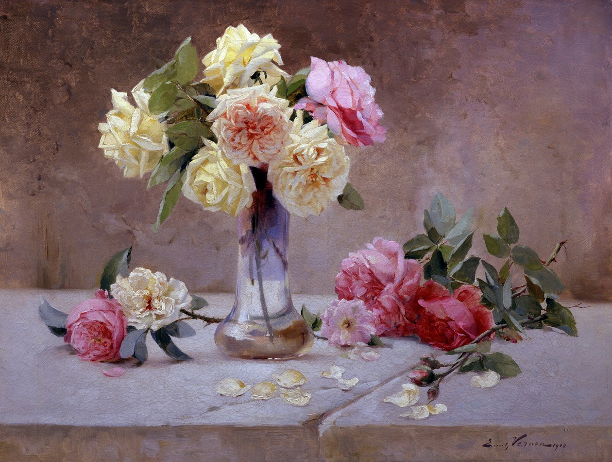 Pembe ve sarı güllerden oluşan natürmort. Emile Vernon (1872-1919) tarafından yapılmıştır. Özel koleksiyon. by Emile Vernon