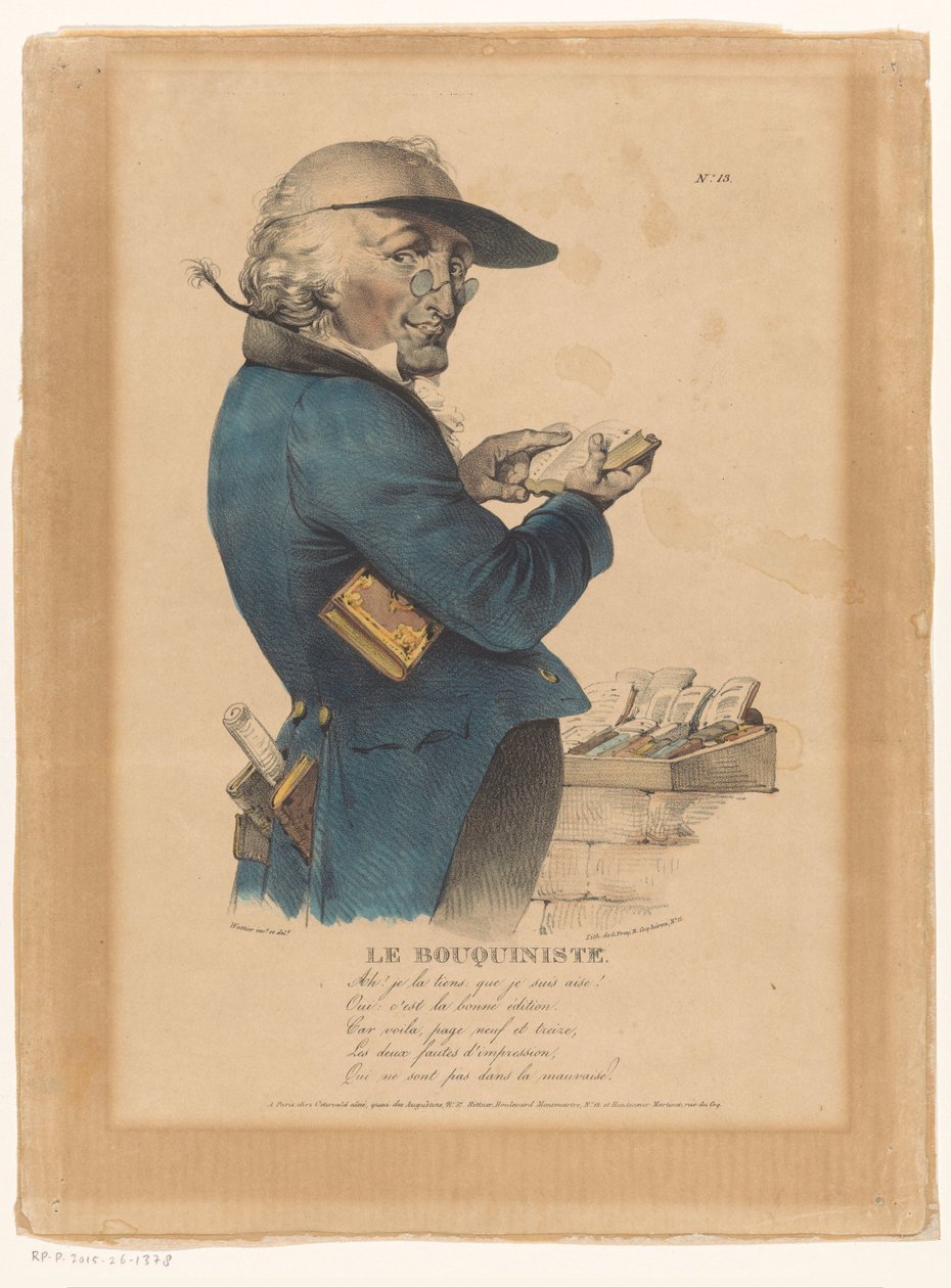 Adam bir kitapçı Le bouquiniste önünde bir kitaba bakar (nesnedeki başlık) by Émile Wattier