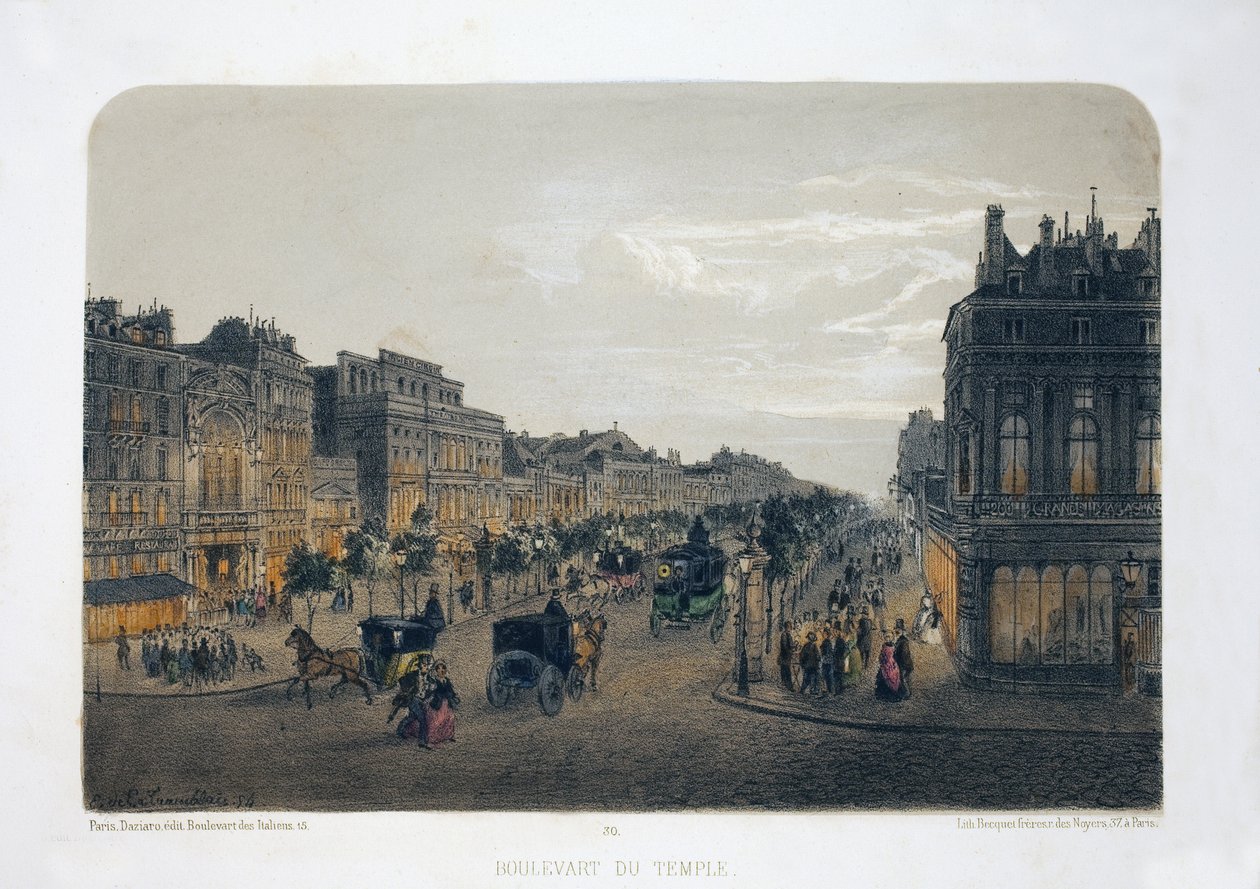 Boulevard du Temple, Paris. Litografi suluboya, illüstrasyon E.de la Tramblaiz, “Albüm, hediyelik eşya de Paris”te, Daziaro editörü, Paris by Emile de la Tramblais